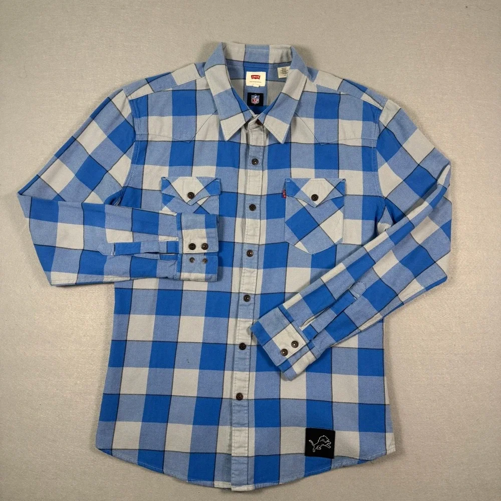 Levis Detroit Lions Flannel Shirt Mens‎ L Blue Plaid NFL Button Up Logo Football